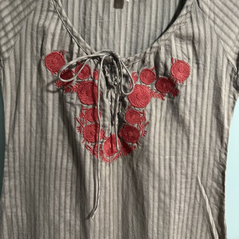Free People Women Embroidered Scoop Neck Short Sleeve Stripe Top Brown 0 Boho - Picture 2 of 6